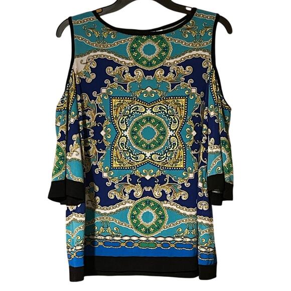 Susan Graver Size Small Liquid Knit Blue Green Yellow Printed Cold Shoulder Top - Picture 9 of 10